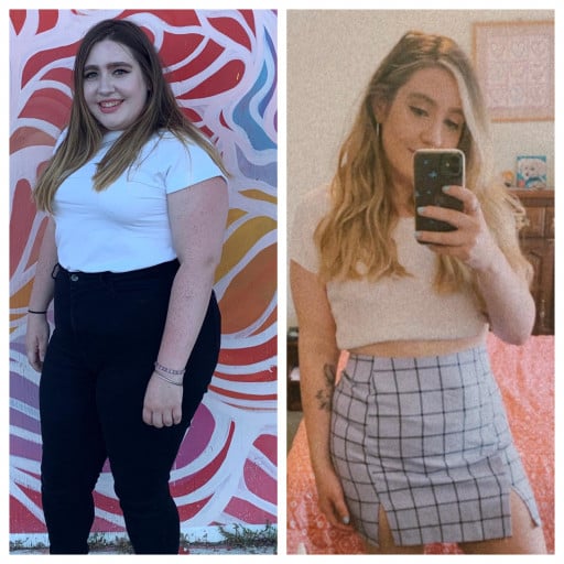 A before and after photo of a 5'3" female showing a weight reduction from 212 pounds to 146 pounds. A respectable loss of 66 pounds.