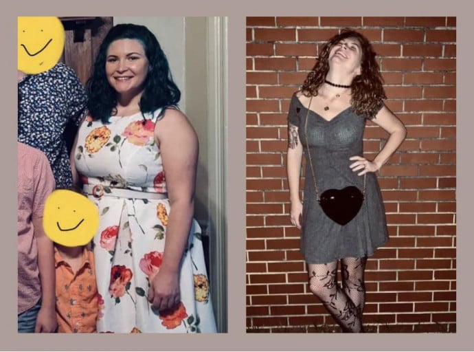 A progress pic of a 5'6" woman showing a fat loss from 209 pounds to 154 pounds. A net loss of 55 pounds.