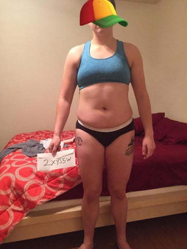 A before and after photo of a 5'7" female showing a snapshot of 185 pounds at a height of 5'7