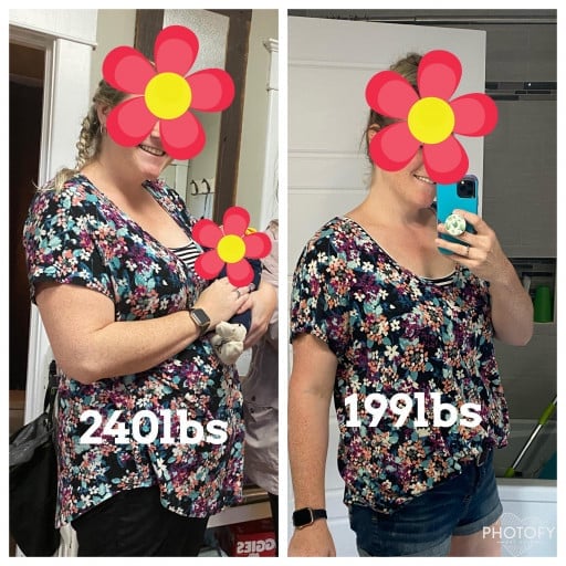 A before and after photo of a 5'8" female showing a weight reduction from 240 pounds to 199 pounds. A respectable loss of 41 pounds.