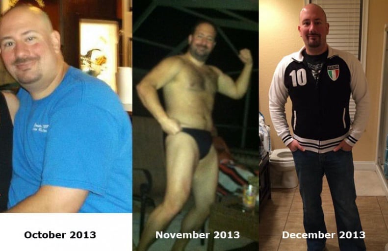 A progress pic of a 6'0" man showing a fat loss from 250 pounds to 210 pounds. A total loss of 40 pounds.