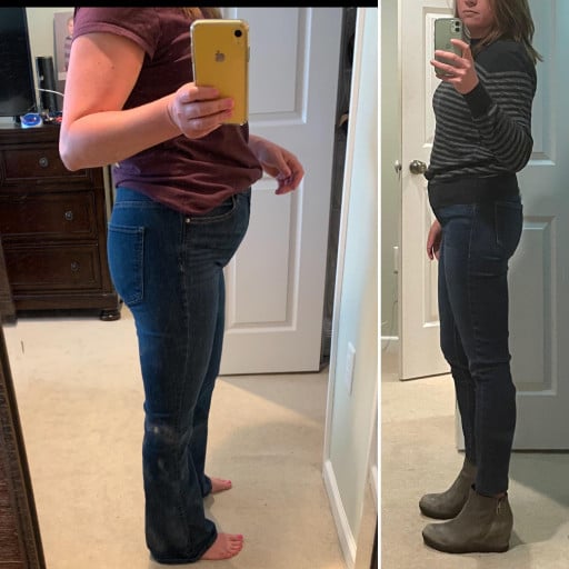 A picture of a 5'2" female showing a weight loss from 142 pounds to 117 pounds. A net loss of 25 pounds.