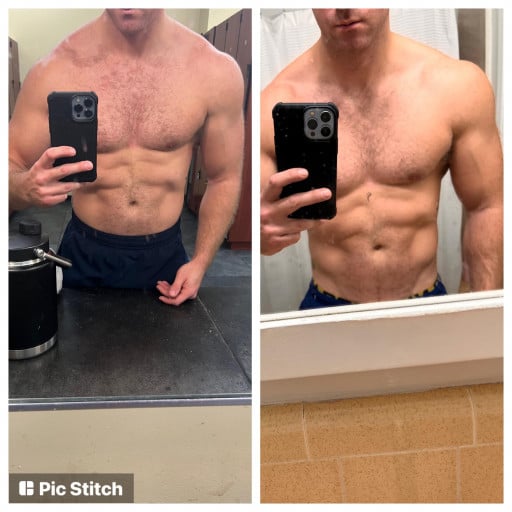 A progress pic of a 6'0" man showing a fat loss from 195 pounds to 190 pounds. A total loss of 5 pounds.