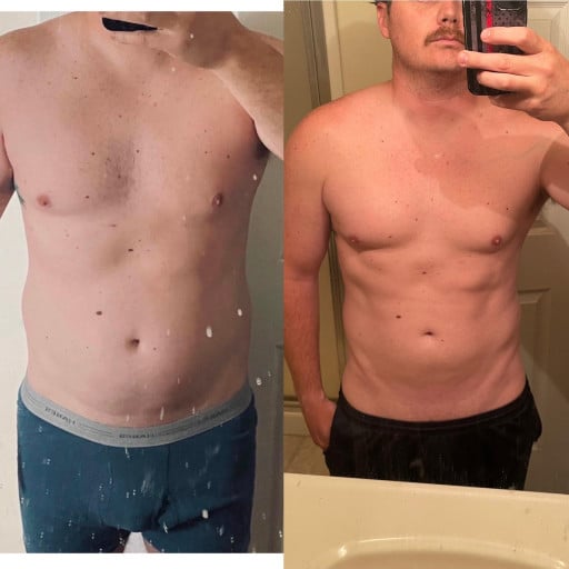 A progress pic of a 5'10" man showing a fat loss from 210 pounds to 205 pounds. A total loss of 5 pounds.