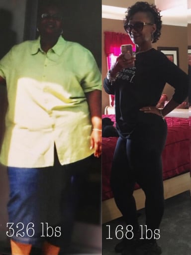 A progress pic of a 5'6" woman showing a fat loss from 326 pounds to 168 pounds. A net loss of 158 pounds.