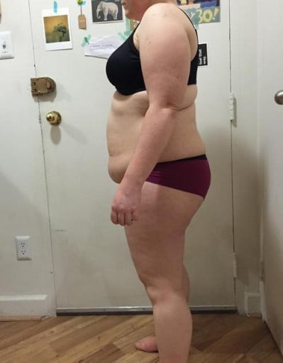 A progress pic of a 5'0" woman showing a snapshot of 185 pounds at a height of 5'0