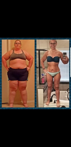 A progress pic of a 5'6" woman showing a fat loss from 346 pounds to 163 pounds. A net loss of 183 pounds.