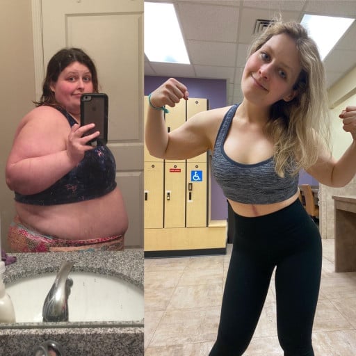 A before and after photo of a 5'2" female showing a weight reduction from 315 pounds to 135 pounds. A total loss of 180 pounds.