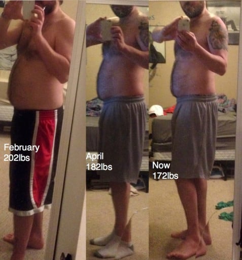 M/35/5'7" [202lbs > 172lbs = 30lbs] (4 months) Met my first goal! All dieting - Bout to add in working out, looking at r/bodyweightfitness. Im coming in hot for you 162!!