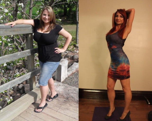 A picture of a 5'4" female showing a weight cut from 166 pounds to 120 pounds. A net loss of 46 pounds.