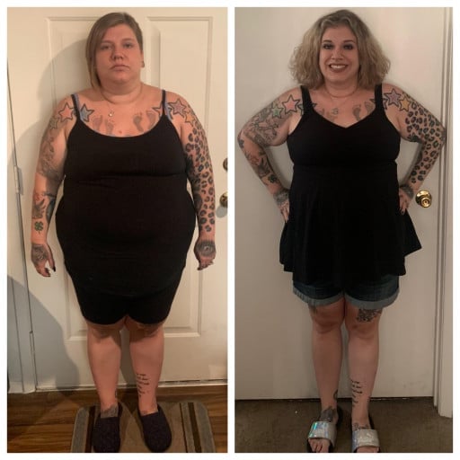 A picture of a 5'3" female showing a weight loss from 297 pounds to 194 pounds. A net loss of 103 pounds.