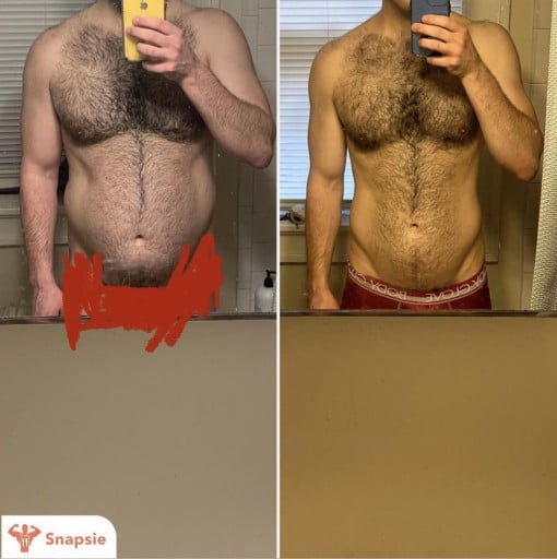 Before and After 30 lbs Fat Loss 6 feet 3 Male 229 lbs to 199 lbs