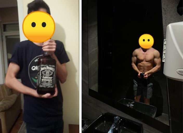 A before and after photo of a 6'0" male showing a muscle gain from 125 pounds to 183 pounds. A net gain of 58 pounds.