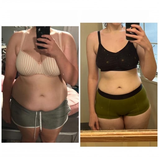 A before and after photo of a 5'8" female showing a weight reduction from 230 pounds to 160 pounds. A total loss of 70 pounds.