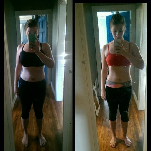 A photo of a 5'5" woman showing a fat loss from 160 pounds to 142 pounds. A respectable loss of 18 pounds.