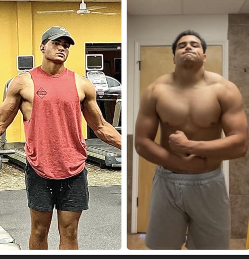 A progress pic of a 6'1" man showing a weight bulk from 170 pounds to 230 pounds. A net gain of 60 pounds.