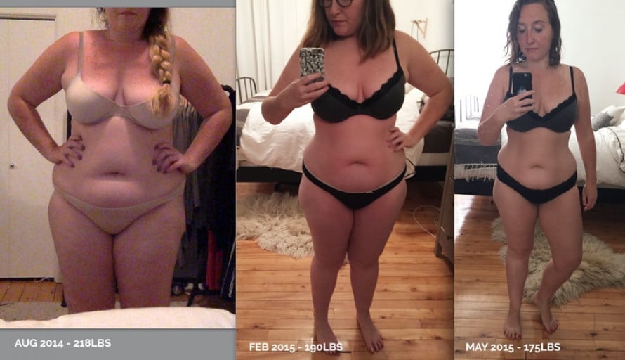 A photo of a 5'4" woman showing a fat loss from 218 pounds to 175 pounds. A respectable loss of 43 pounds.
