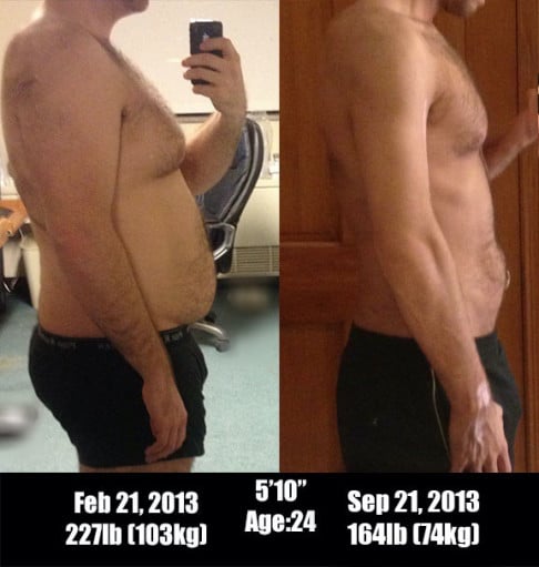 A progress pic of a 5'10" man showing a fat loss from 227 pounds to 164 pounds. A respectable loss of 63 pounds.