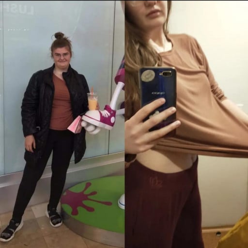 A progress pic of a 5'11" woman showing a fat loss from 240 pounds to 176 pounds. A net loss of 64 pounds.