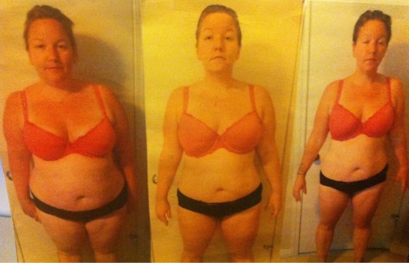 A progress pic of a 5'8" woman showing a fat loss from 260 pounds to 195 pounds. A total loss of 65 pounds.