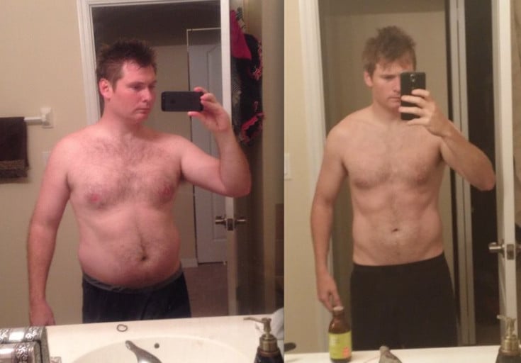 A progress pic of a 5'8" man showing a fat loss from 205 pounds to 160 pounds. A net loss of 45 pounds.