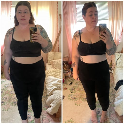 A progress pic of a 5'4" woman showing a fat loss from 262 pounds to 239 pounds. A net loss of 23 pounds.