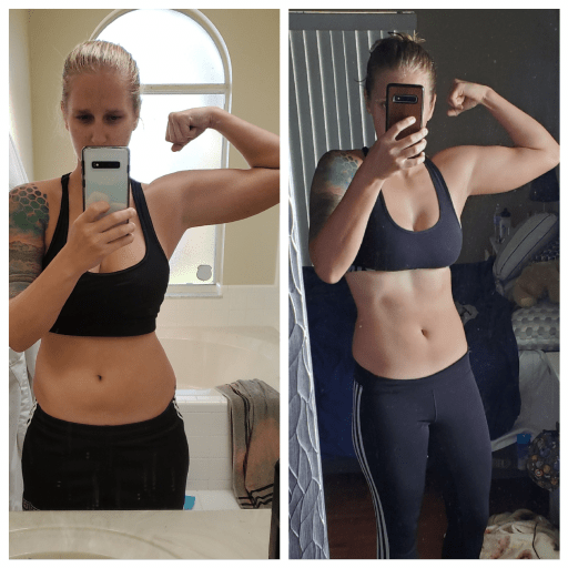 A photo of a 5'8" woman showing a weight cut from 160 pounds to 147 pounds. A total loss of 13 pounds.
