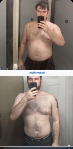 A before and after photo of a 6'1" male showing a weight reduction from 259 pounds to 221 pounds. A total loss of 38 pounds.