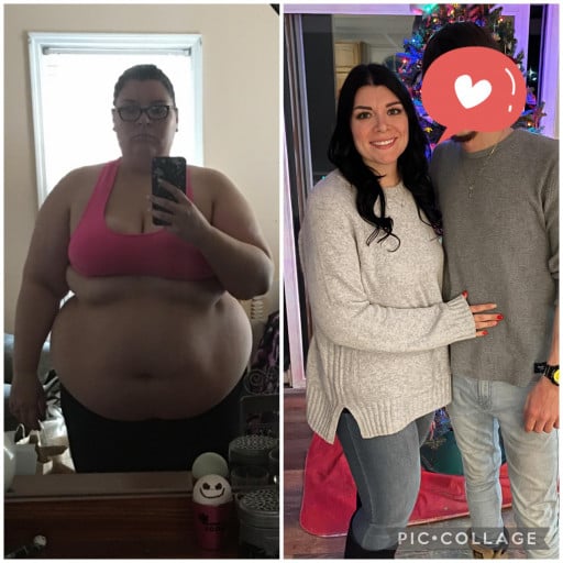 A before and after photo of a 5'5" female showing a weight reduction from 384 pounds to 180 pounds. A total loss of 204 pounds.