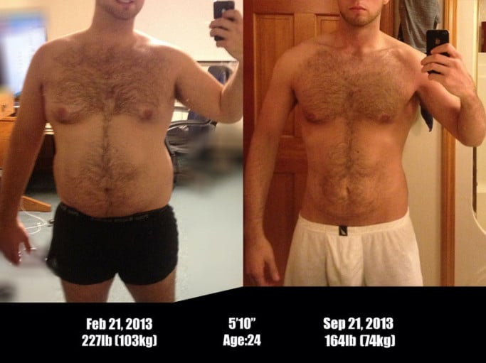 A progress pic of a 5'10" man showing a fat loss from 227 pounds to 164 pounds. A respectable loss of 63 pounds.