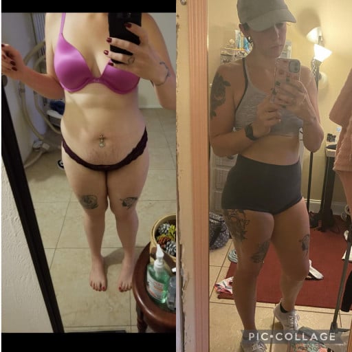 A progress pic of a 5'5" woman showing a fat loss from 190 pounds to 140 pounds. A respectable loss of 50 pounds.