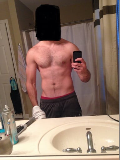 A photo of a 5'8" man showing a weight bulk from 138 pounds to 150 pounds. A net gain of 12 pounds.