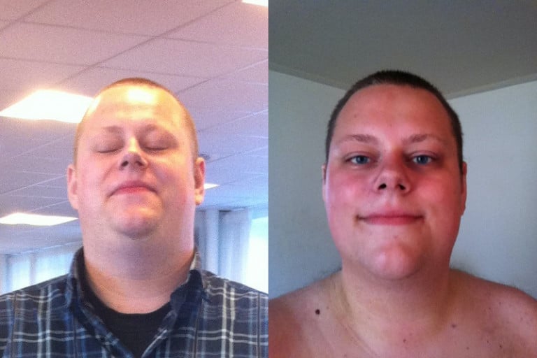 A progress pic of a 6'3" man showing a fat loss from 369 pounds to 332 pounds. A respectable loss of 37 pounds.
