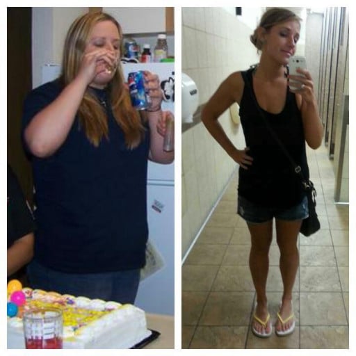 A picture of a 5'8" female showing a weight loss from 258 pounds to 160 pounds. A net loss of 98 pounds.