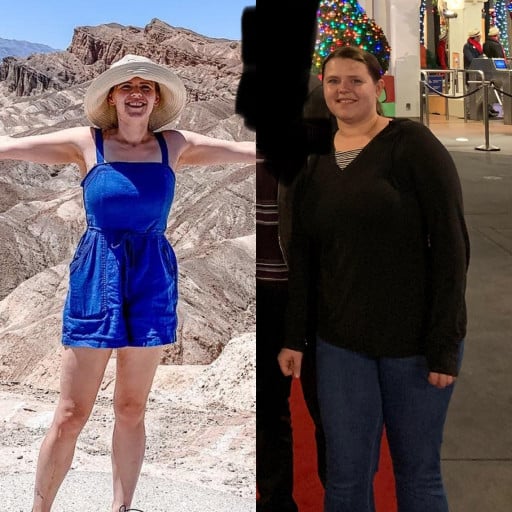 A before and after photo of a 5'2" female showing a weight reduction from 195 pounds to 117 pounds. A respectable loss of 78 pounds.
