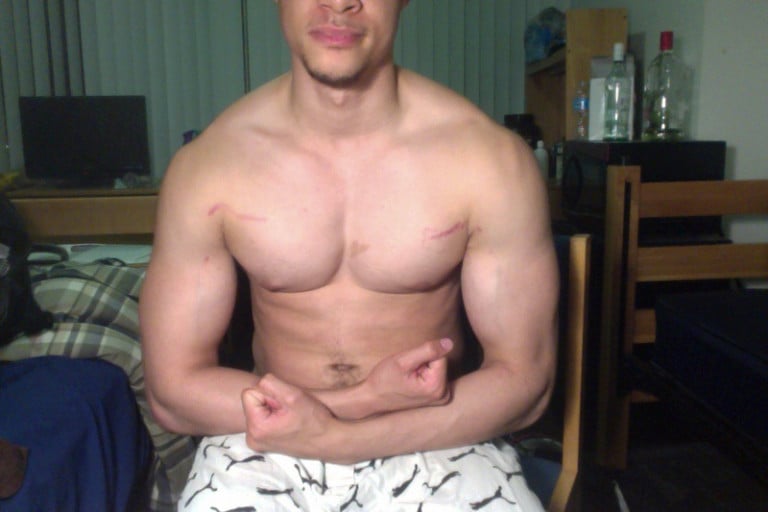 A photo of a 6'1" man showing a muscle gain from 140 pounds to 200 pounds. A net gain of 60 pounds.