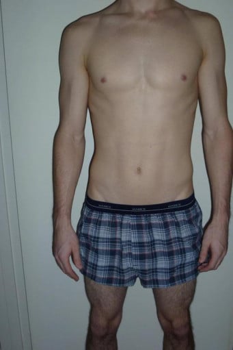 A before and after photo of a 5'8" male showing a snapshot of 142 pounds at a height of 5'8