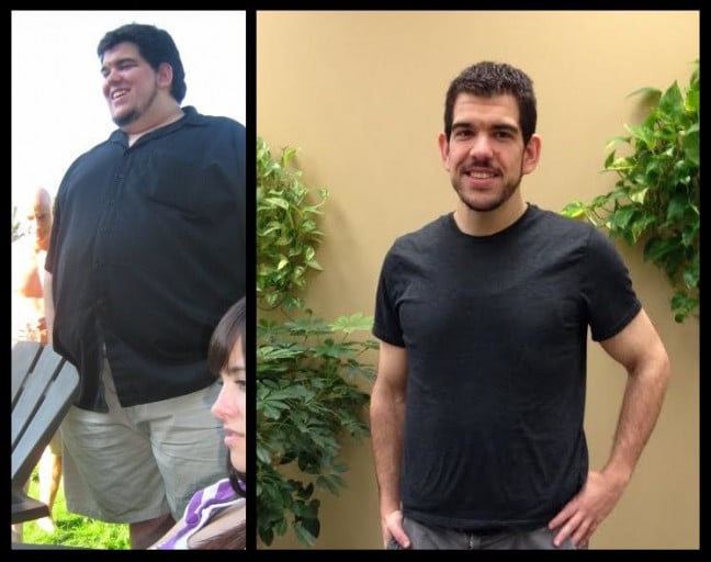 A picture of a 5'8" male showing a fat loss from 360 pounds to 200 pounds. A net loss of 160 pounds.