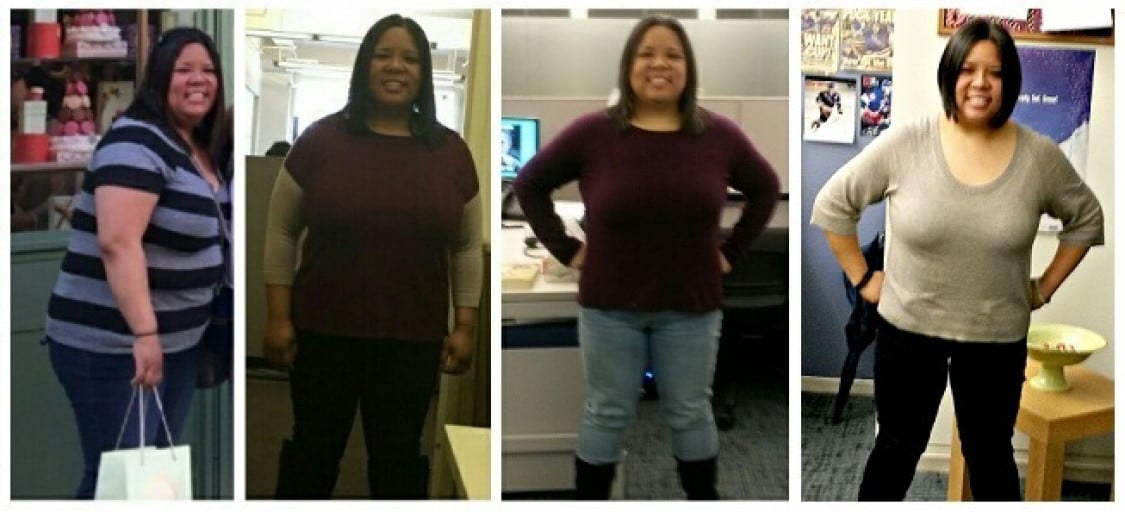 A progress pic of a 5'0" woman showing a fat loss from 233 pounds to 173 pounds. A respectable loss of 60 pounds.