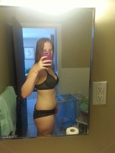 A progress pic of a 5'7" woman showing a weight reduction from 174 pounds to 155 pounds. A total loss of 19 pounds.