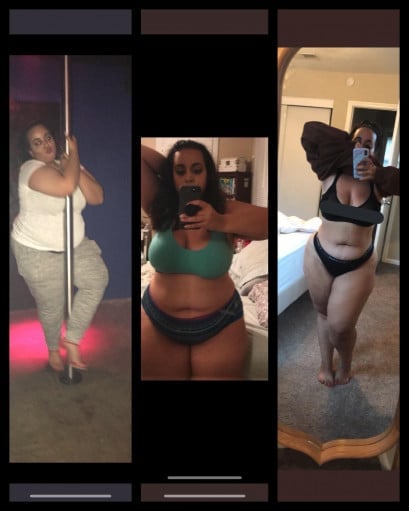 A progress pic of a 5'0" woman showing a fat loss from 250 pounds to 200 pounds. A net loss of 50 pounds.
