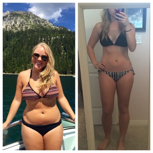A before and after photo of a 5'1" female showing a weight reduction from 153 pounds to 130 pounds. A net loss of 23 pounds.