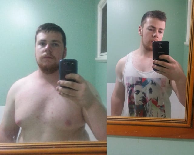 A before and after photo of a 6'0" male showing a weight reduction from 298 pounds to 220 pounds. A net loss of 78 pounds.