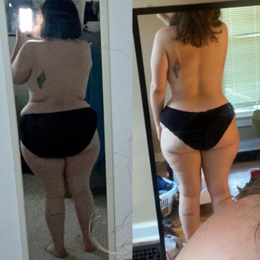 A photo of a 5'9" woman showing a weight cut from 270 pounds to 219 pounds. A net loss of 51 pounds.