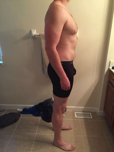 A before and after photo of a 6'5" male showing a snapshot of 239 pounds at a height of 6'5