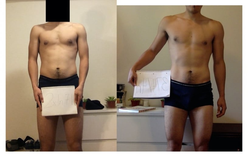 A progress pic of a 6'2" man showing a muscle gain from 200 pounds to 210 pounds. A respectable gain of 10 pounds.