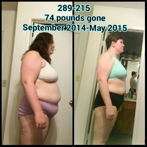 A photo of a 5'7" woman showing a weight cut from 289 pounds to 215 pounds. A respectable loss of 74 pounds.