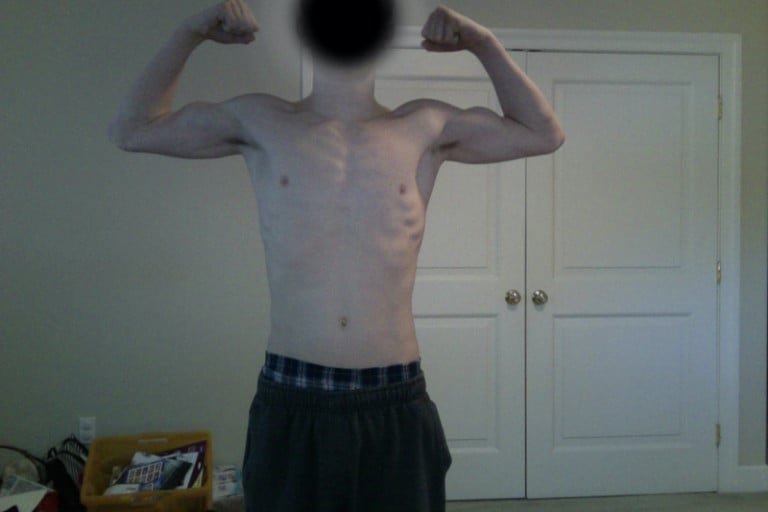 A before and after photo of a 5'9" male showing a muscle gain from 137 pounds to 160 pounds. A net gain of 23 pounds.