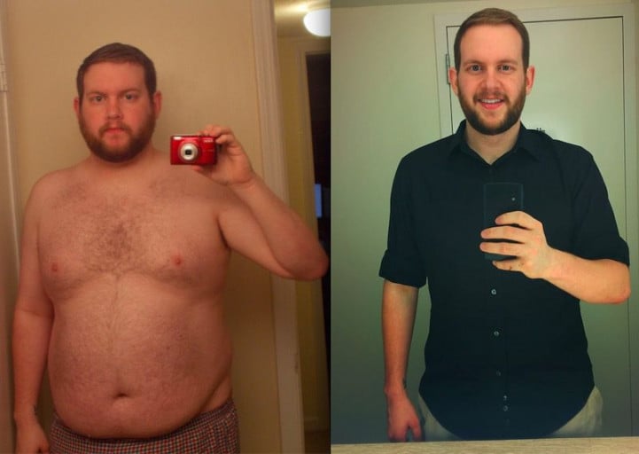 A before and after photo of a 6'1" male showing a weight reduction from 300 pounds to 220 pounds. A respectable loss of 80 pounds.
