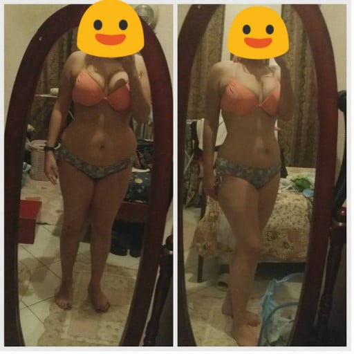 A progress pic of a 5'6" woman showing a fat loss from 184 pounds to 160 pounds. A total loss of 24 pounds.